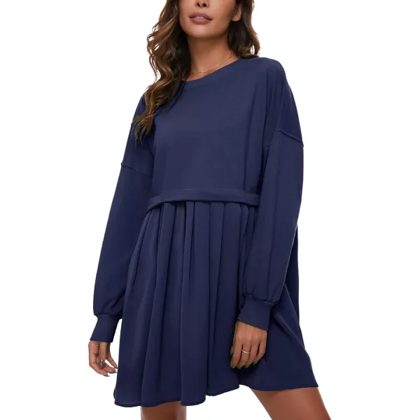 Flygo Womens Oversized Sweatshirt Dress Crewneck Patchwork Long Sleeve Pullover Tunic Flowy Pleated Mini Dresses