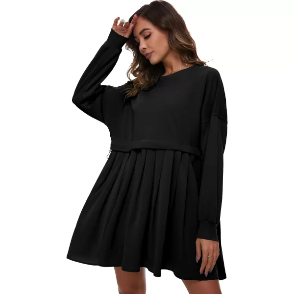 Flygo Womens Oversized Sweatshirt Dress Crewneck Patchwork Long Sleeve Pullover Tunic Flowy Pleated Mini Dresses