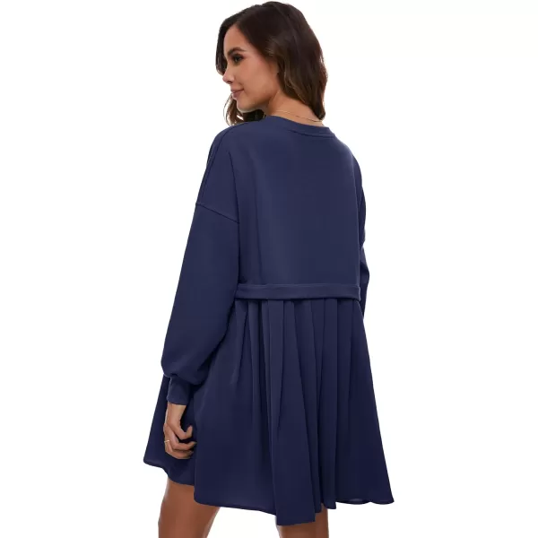 Flygo Womens Oversized Sweatshirt Dress Crewneck Patchwork Long Sleeve Pullover Tunic Flowy Pleated Mini Dresses