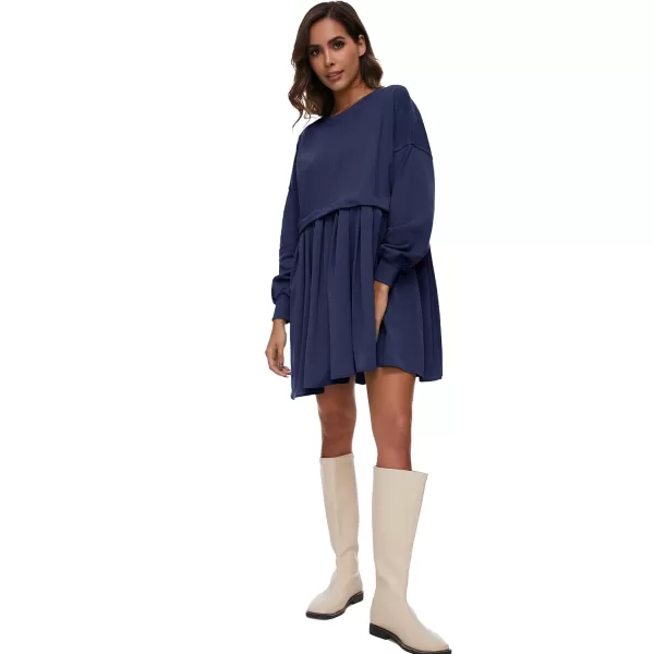 Flygo Womens Oversized Sweatshirt Dress Crewneck Patchwork Long Sleeve Pullover Tunic Flowy Pleated Mini Dresses