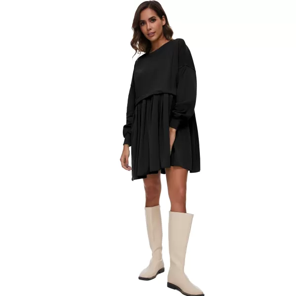 Flygo Womens Oversized Sweatshirt Dress Crewneck Patchwork Long Sleeve Pullover Tunic Flowy Pleated Mini Dresses