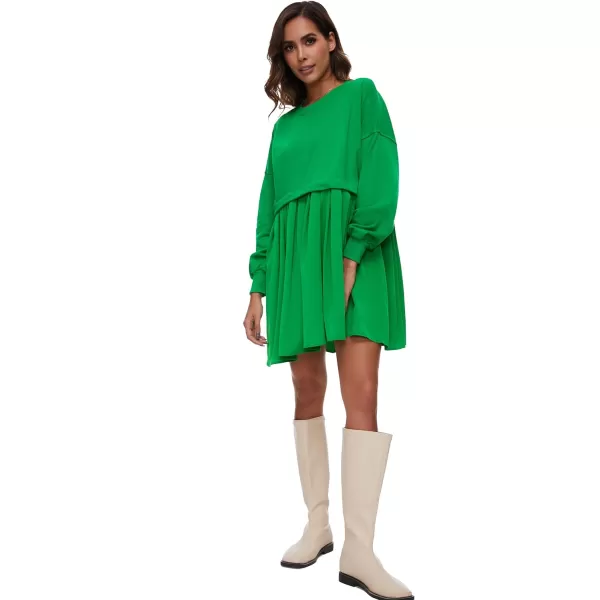 Flygo Womens Oversized Sweatshirt Dress Crewneck Patchwork Long Sleeve Pullover Tunic Flowy Pleated Mini Dresses