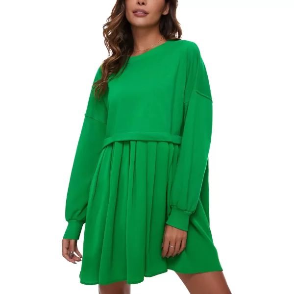 Flygo Womens Oversized Sweatshirt Dress Crewneck Patchwork Long Sleeve Pullover Tunic Flowy Pleated Mini Dresses