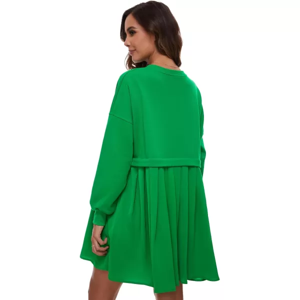 Flygo Womens Oversized Sweatshirt Dress Crewneck Patchwork Long Sleeve Pullover Tunic Flowy Pleated Mini Dresses