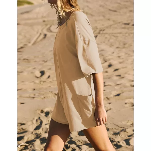 Flygo Women's Romper Short Sleeve Tee Rompers Crewneck Jumpsuit Back V Neck Casual Hot Shot One Piece Outfits with Pockets
