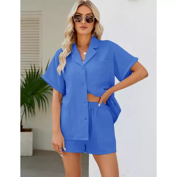Flygo Women's Two Piece Shirts Sets Short Sleeve Summer Casual Linen Shirt Elastic Waist Short Sets Outfits