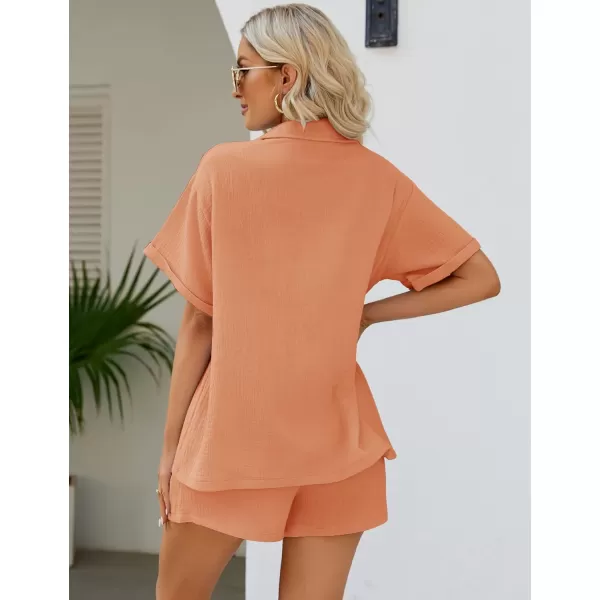 Flygo Women's Two Piece Shirts Sets Short Sleeve Summer Casual Linen Shirt Elastic Waist Short Sets Outfits