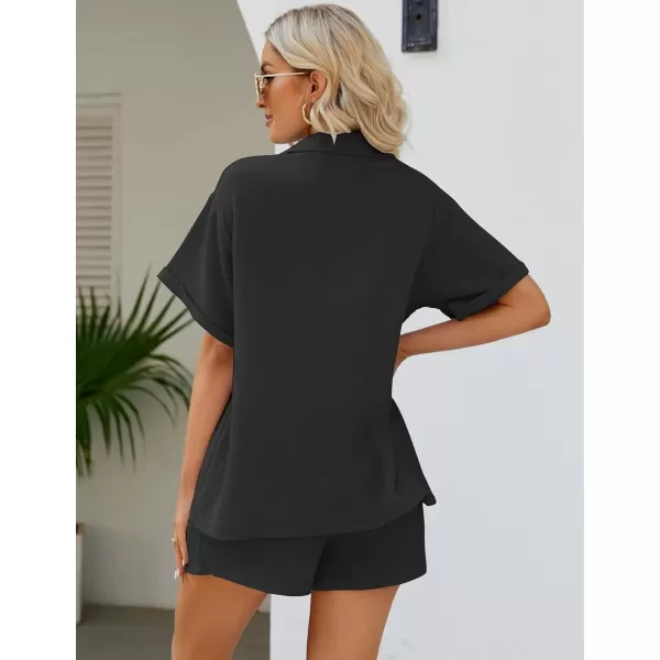Flygo Women's Two Piece Shirts Sets Short Sleeve Summer Casual Linen Shirt Elastic Waist Short Sets Outfits