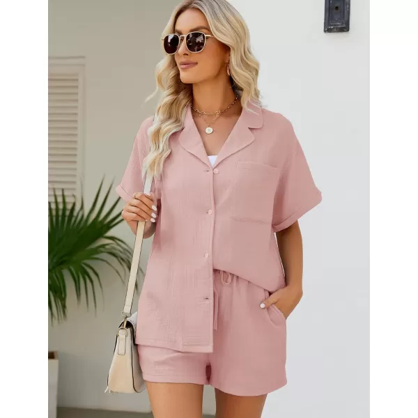 Flygo Women's Two Piece Shirts Sets Short Sleeve Summer Casual Linen Shirt Elastic Waist Short Sets Outfits