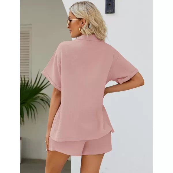 Flygo Women's Two Piece Shirts Sets Short Sleeve Summer Casual Linen Shirt Elastic Waist Short Sets Outfits