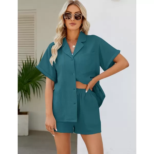 Flygo Women's Two Piece Shirts Sets Short Sleeve Summer Casual Linen Shirt Elastic Waist Short Sets Outfits