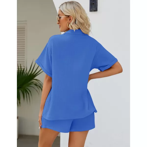 Flygo Women's Two Piece Shirts Sets Short Sleeve Summer Casual Linen Shirt Elastic Waist Short Sets Outfits