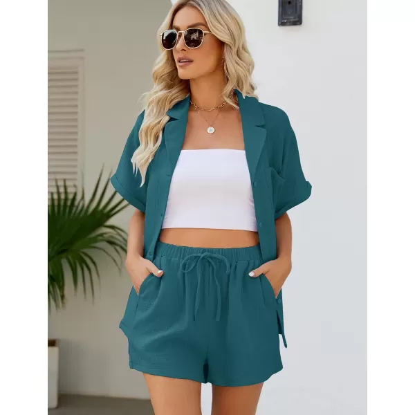 Flygo Women's Two Piece Shirts Sets Short Sleeve Summer Casual Linen Shirt Elastic Waist Short Sets Outfits
