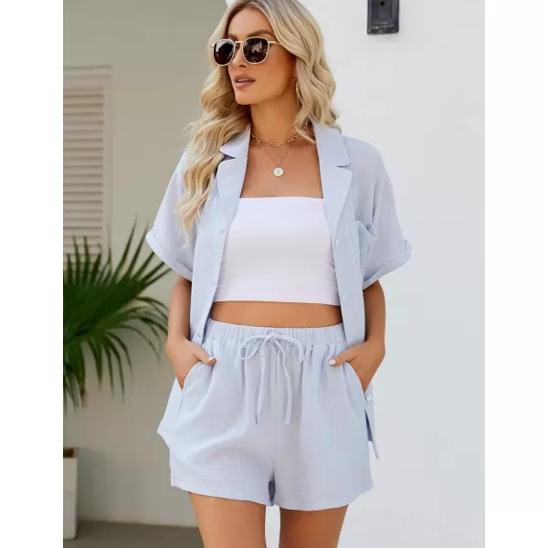 Flygo Women's Two Piece Shirts Sets Short Sleeve Summer Casual Linen Shirt Elastic Waist Short Sets Outfits