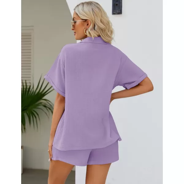Flygo Women's Two Piece Shirts Sets Short Sleeve Summer Casual Linen Shirt Elastic Waist Short Sets Outfits