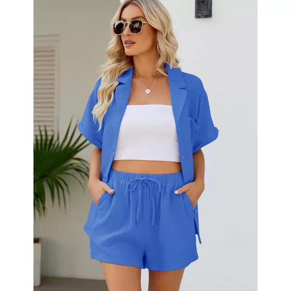 Flygo Women's Two Piece Shirts Sets Short Sleeve Summer Casual Linen Shirt Elastic Waist Short Sets Outfits