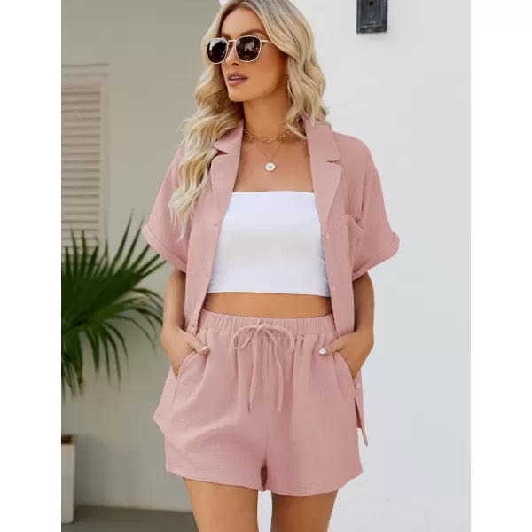 Flygo Women's Two Piece Shirts Sets Short Sleeve Summer Casual Linen Shirt Elastic Waist Short Sets Outfits