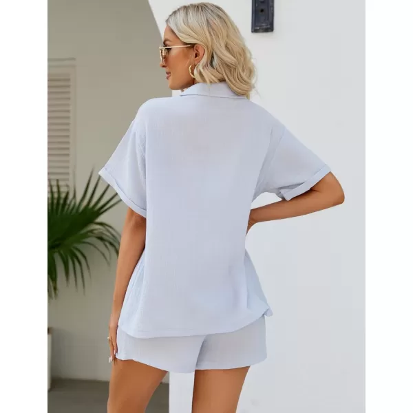 Flygo Women's Two Piece Shirts Sets Short Sleeve Summer Casual Linen Shirt Elastic Waist Short Sets Outfits