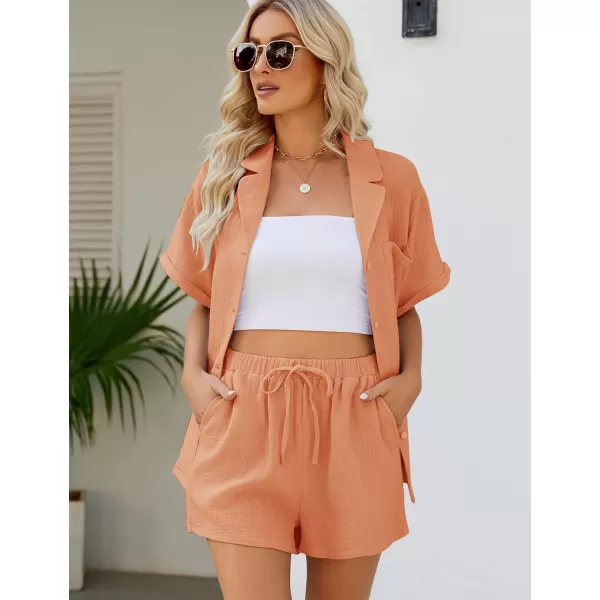 Flygo Women's Two Piece Shirts Sets Short Sleeve Summer Casual Linen Shirt Elastic Waist Short Sets Outfits