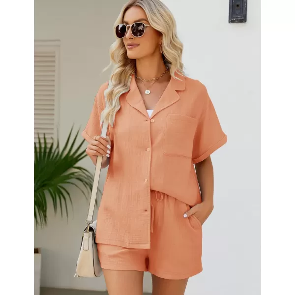 Flygo Women's Two Piece Shirts Sets Short Sleeve Summer Casual Linen Shirt Elastic Waist Short Sets Outfits