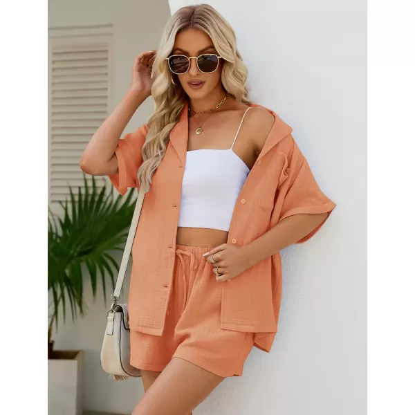 Flygo Women's Two Piece Shirts Sets Short Sleeve Summer Casual Linen Shirt Elastic Waist Short Sets Outfits