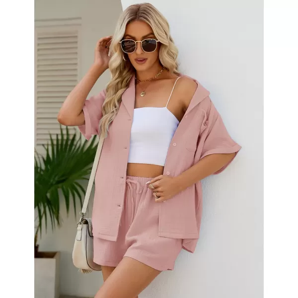 Flygo Women's Two Piece Shirts Sets Short Sleeve Summer Casual Linen Shirt Elastic Waist Short Sets Outfits