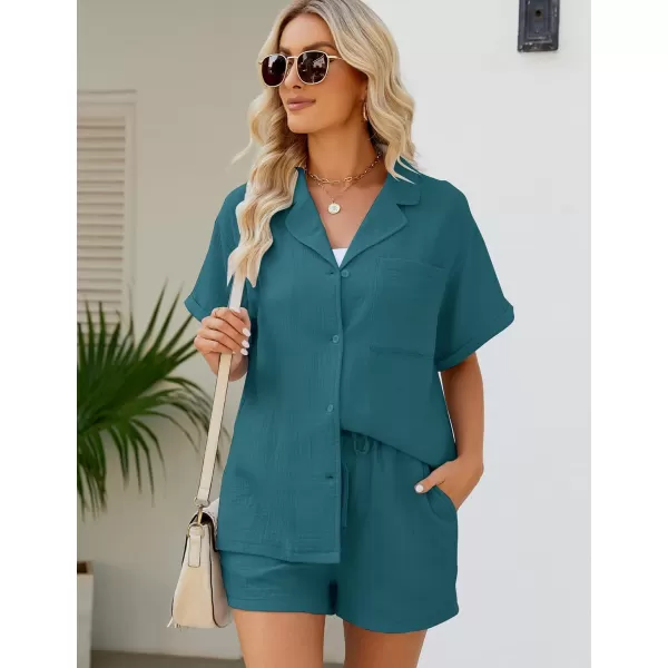Flygo Women's Two Piece Shirts Sets Short Sleeve Summer Casual Linen Shirt Elastic Waist Short Sets Outfits