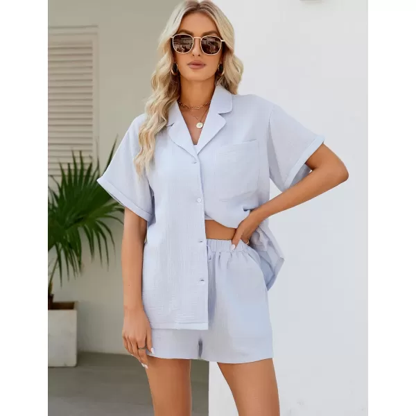 Flygo Women's Two Piece Shirts Sets Short Sleeve Summer Casual Linen Shirt Elastic Waist Short Sets Outfits