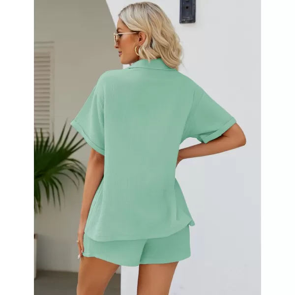 Flygo Women's Two Piece Shirts Sets Short Sleeve Summer Casual Linen Shirt Elastic Waist Short Sets Outfits