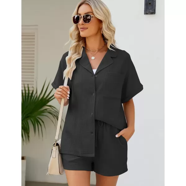 Flygo Women's Two Piece Shirts Sets Short Sleeve Summer Casual Linen Shirt Elastic Waist Short Sets Outfits