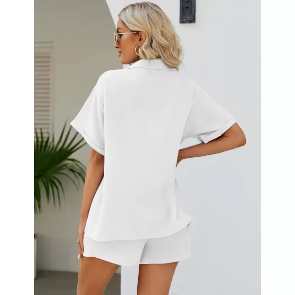 Flygo Women's Two Piece Shirts Sets Short Sleeve Summer Casual Linen Shirt Elastic Waist Short Sets Outfits