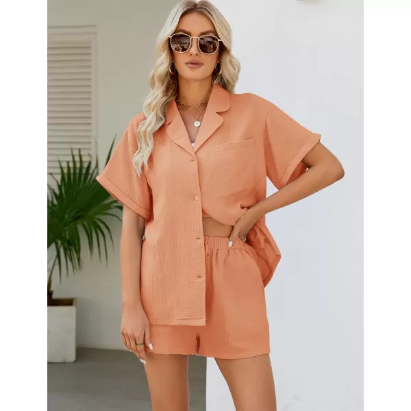 Flygo Women's Two Piece Shirts Sets Short Sleeve Summer Casual Linen Shirt Elastic Waist Short Sets Outfits
