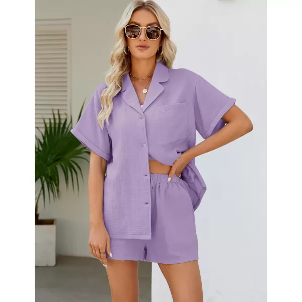 Flygo Women's Two Piece Shirts Sets Short Sleeve Summer Casual Linen Shirt Elastic Waist Short Sets Outfits