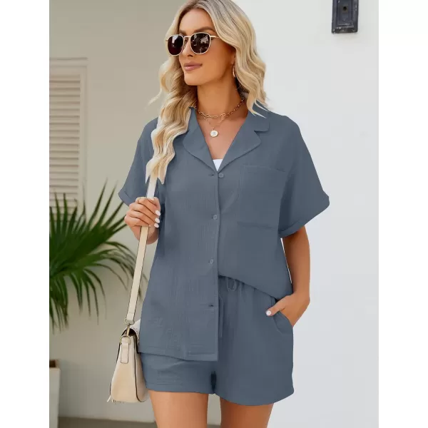 Flygo Women's Two Piece Shirts Sets Short Sleeve Summer Casual Linen Shirt Elastic Waist Short Sets Outfits