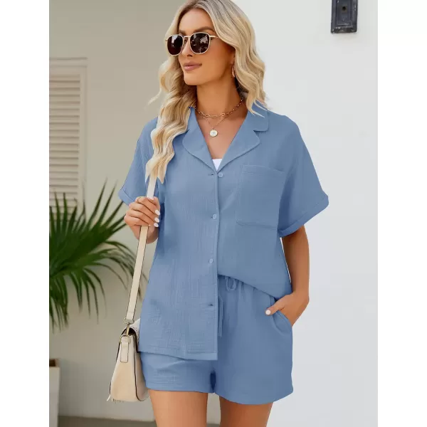 Flygo Women's Two Piece Shirts Sets Short Sleeve Summer Casual Linen Shirt Elastic Waist Short Sets Outfits
