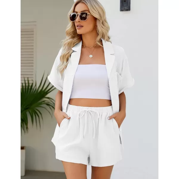 Flygo Women's Two Piece Shirts Sets Short Sleeve Summer Casual Linen Shirt Elastic Waist Short Sets Outfits