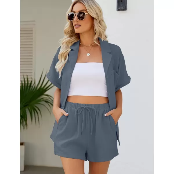 Flygo Women's Two Piece Shirts Sets Short Sleeve Summer Casual Linen Shirt Elastic Waist Short Sets Outfits