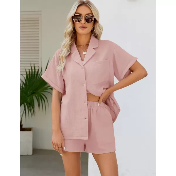 Flygo Women's Two Piece Shirts Sets Short Sleeve Summer Casual Linen Shirt Elastic Waist Short Sets Outfits