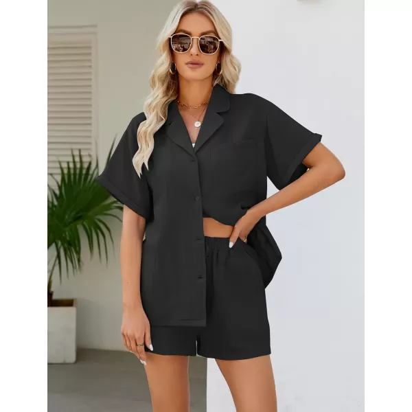 Flygo Women's Two Piece Shirts Sets Short Sleeve Summer Casual Linen Shirt Elastic Waist Short Sets Outfits