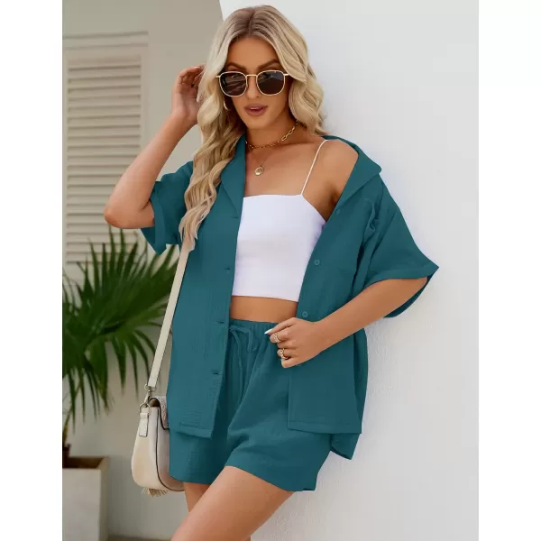 Flygo Women's Two Piece Shirts Sets Short Sleeve Summer Casual Linen Shirt Elastic Waist Short Sets Outfits