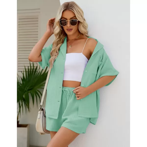Flygo Women's Two Piece Shirts Sets Short Sleeve Summer Casual Linen Shirt Elastic Waist Short Sets Outfits