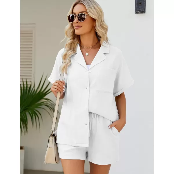 Flygo Women's Two Piece Shirts Sets Short Sleeve Summer Casual Linen Shirt Elastic Waist Short Sets Outfits
