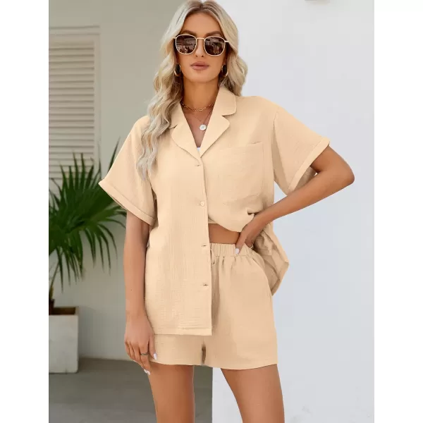 Flygo Women's Two Piece Shirts Sets Short Sleeve Summer Casual Linen Shirt Elastic Waist Short Sets Outfits