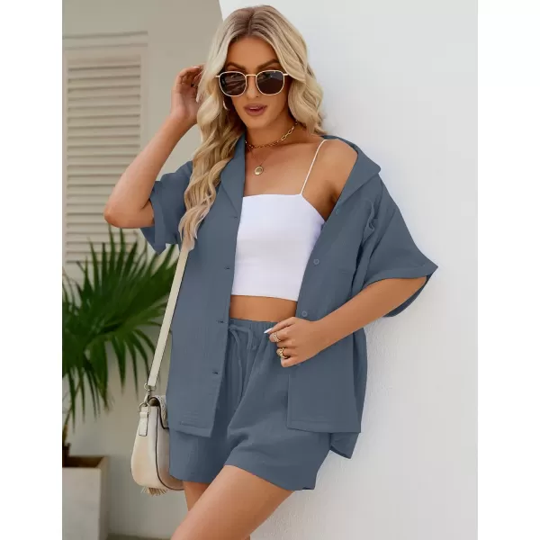 Flygo Women's Two Piece Shirts Sets Short Sleeve Summer Casual Linen Shirt Elastic Waist Short Sets Outfits