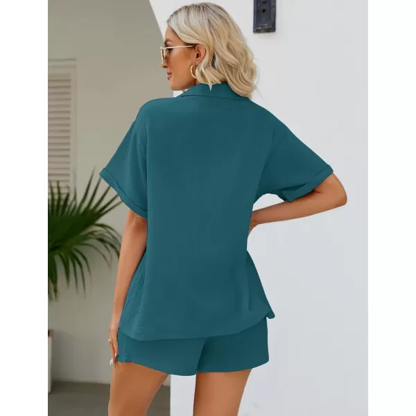 Flygo Women's Two Piece Shirts Sets Short Sleeve Summer Casual Linen Shirt Elastic Waist Short Sets Outfits