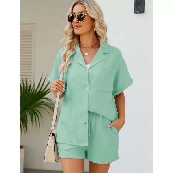 Flygo Women's Two Piece Shirts Sets Short Sleeve Summer Casual Linen Shirt Elastic Waist Short Sets Outfits