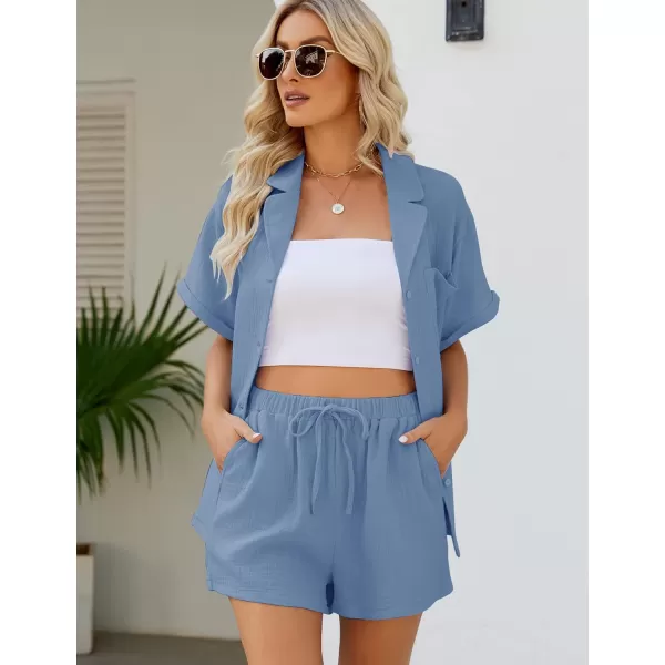 Flygo Women's Two Piece Shirts Sets Short Sleeve Summer Casual Linen Shirt Elastic Waist Short Sets Outfits