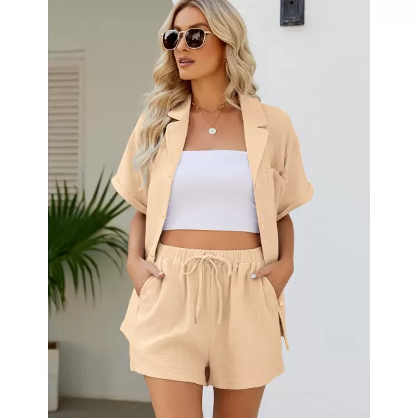 Flygo Women's Two Piece Shirts Sets Short Sleeve Summer Casual Linen Shirt Elastic Waist Short Sets Outfits
