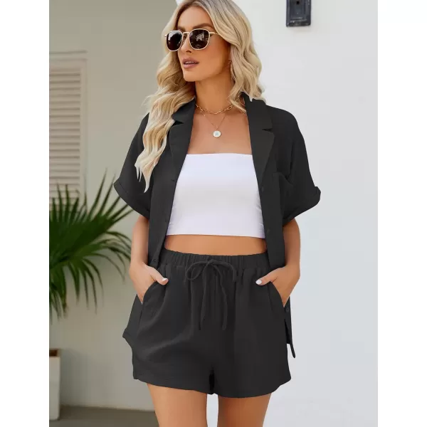 Flygo Women's Two Piece Shirts Sets Short Sleeve Summer Casual Linen Shirt Elastic Waist Short Sets Outfits