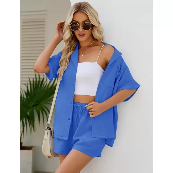 Flygo Women's Two Piece Shirts Sets Short Sleeve Summer Casual Linen Shirt Elastic Waist Short Sets Outfits